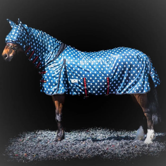 Horse Pony Fly Sheet Rugs Lite Combo Belly Tail Cover Mask Navy White Star 5'3-6'9 - Chestnut Mill