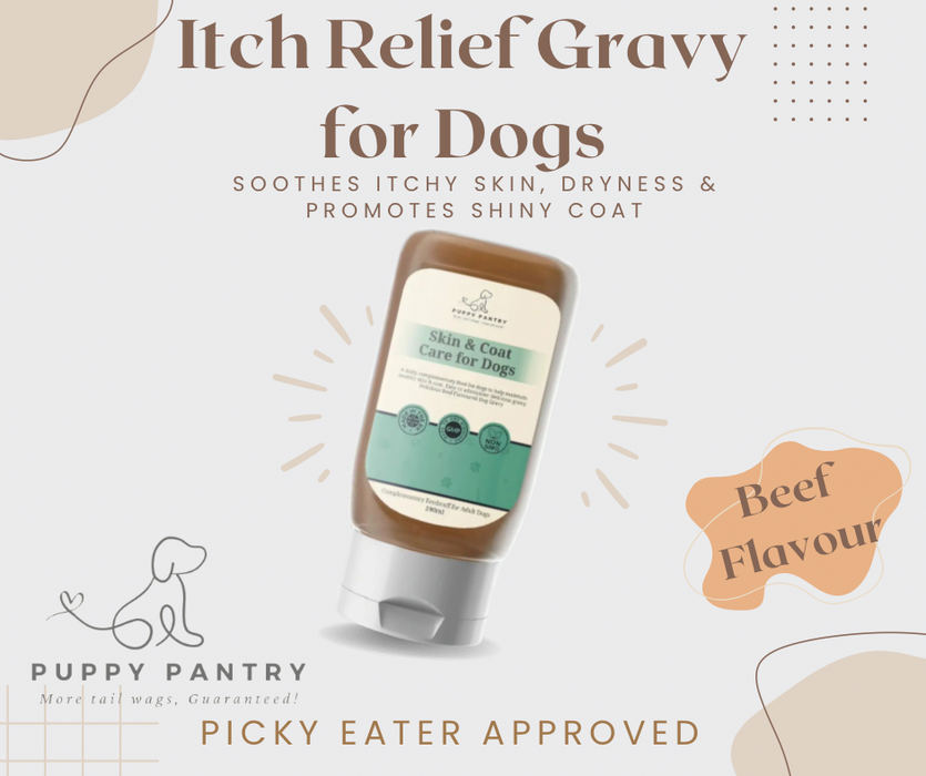 Itch Relief Gravy – 290ml
Soothes itchy skin, reduces dryness, promotes a shiny coat