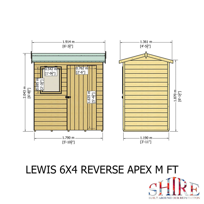 Lewis 6'x4' Single Door Shed Reverse Apex Style D - Chestnut Mill