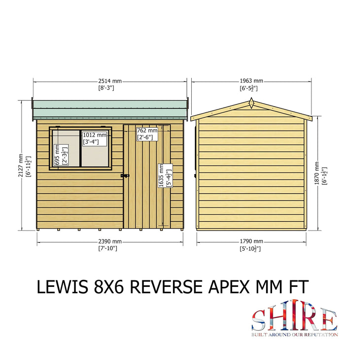 Lewis 8'x6' Single Door Shed Reverse Apex Style D - Chestnut Mill