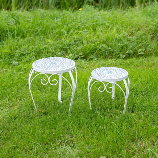 MOSAIC LOW PLANT TABLE SET OF 2 - Blue White Ascalon