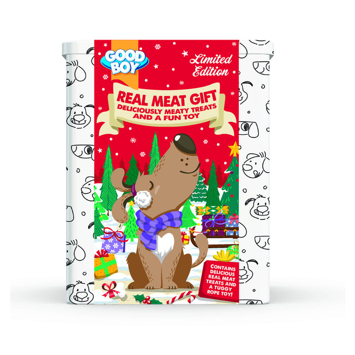 Good Boy Christmas Real Meat Gift Tin with Four Treats & Rope Toy