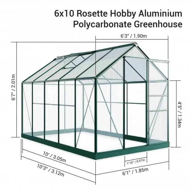 Rosette Hobby Aluminium Polycarbonate Greenhouse - 6' x 10' - Chestnut Mill