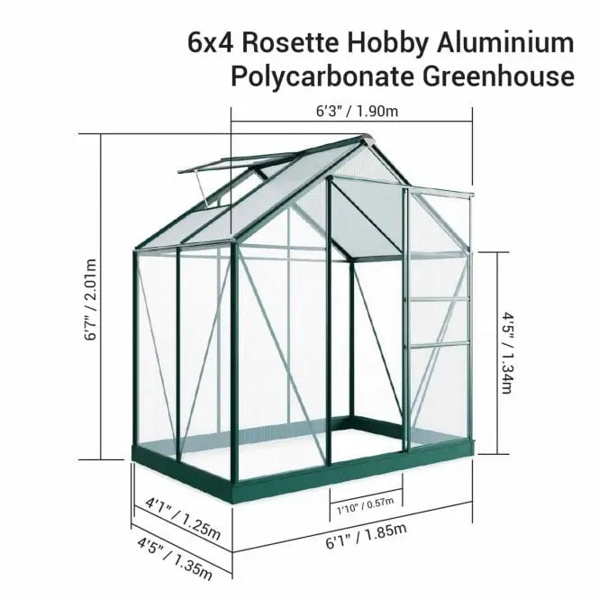 Rosette Hobby Aluminium Polycarbonate Greenhouse - 6' x 4' - Chestnut Mill