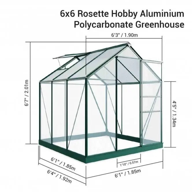 Rosette Hobby Aluminium Polycarbonate Greenhouse - 6' x 6' - Chestnut Mill