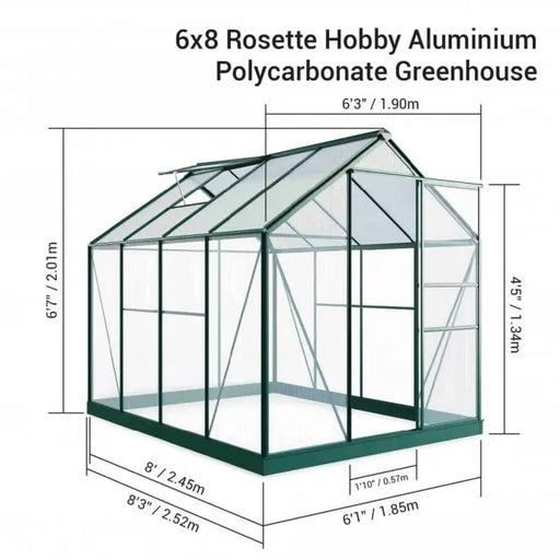 Rosette Hobby Aluminium Polycarbonate Greenhouse - 6' x 8' - Chestnut Mill