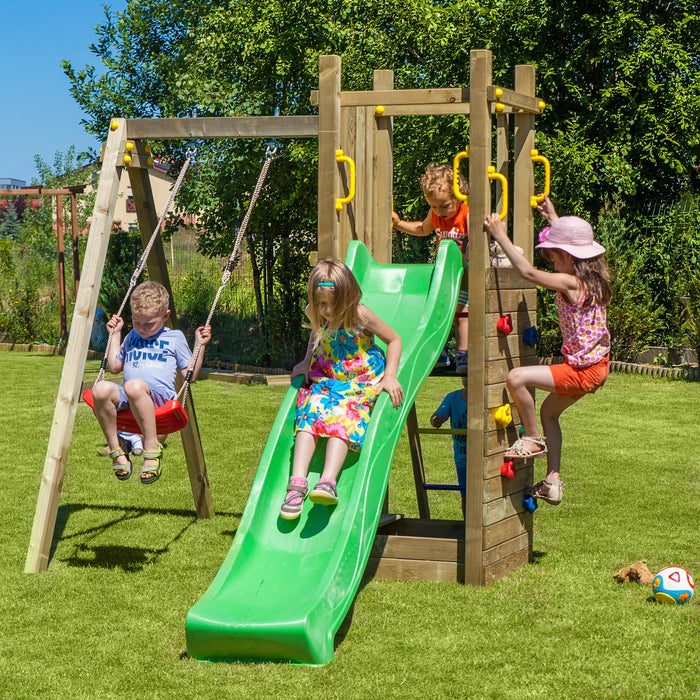 Rumble Ridge Rock Wall Climbing Frame with Single Swing and Slide - Chestnut Mill