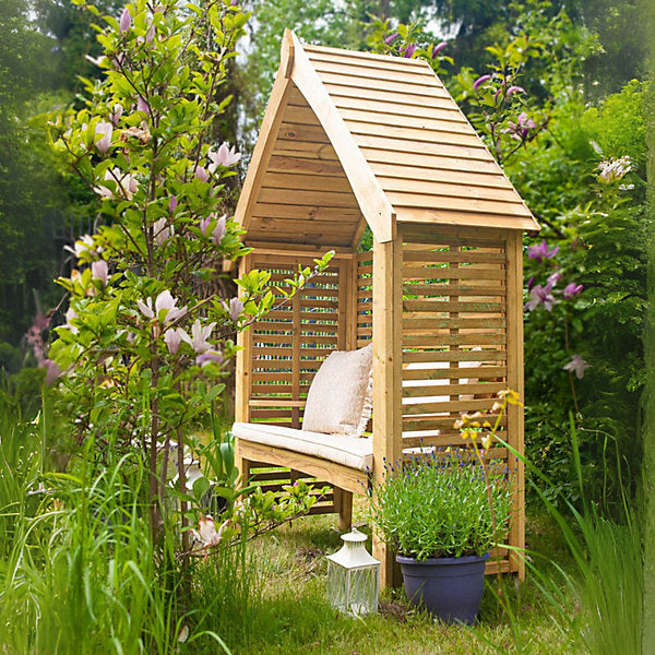 Jagram Orio arbour with full trellis sides and boarded roof, side view
