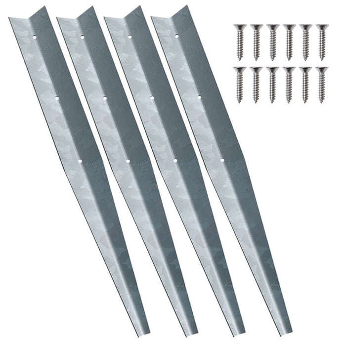Four metal brackets with screws on a white background