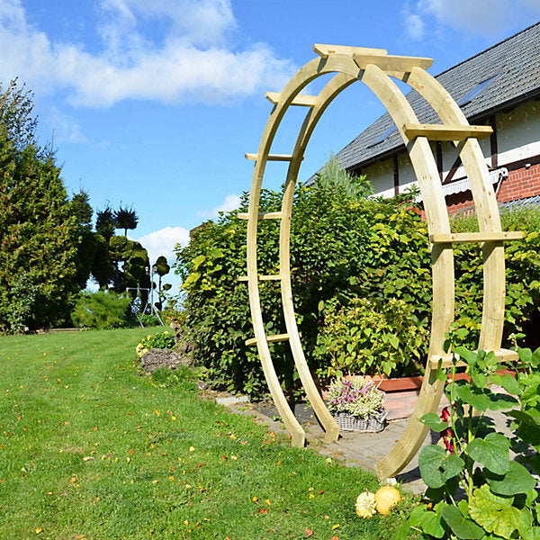 Jagram Moongate Double Standard circular timber garden arch beside a garden path