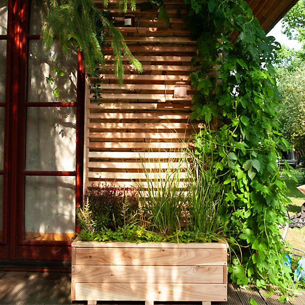 Jagram Venetian larch planter with plants beneath its louvred screen