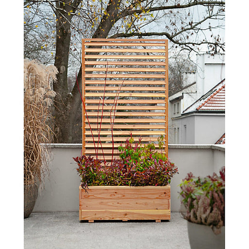 Jagram Venetian larch planter with angled louvre screen on a terrace