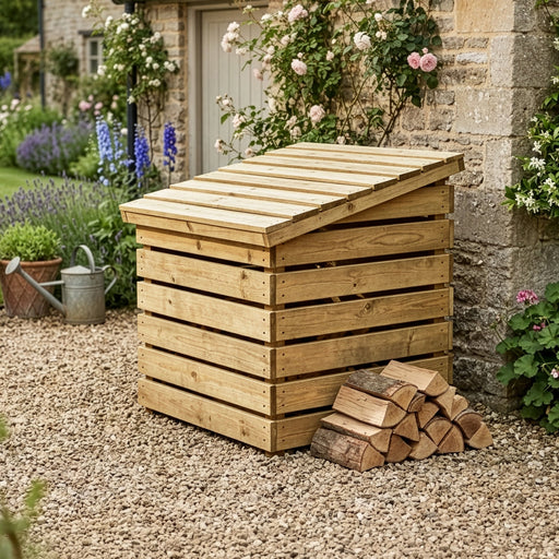 Zest 355 litre wooden Garden Storage Chest beside a garden wall