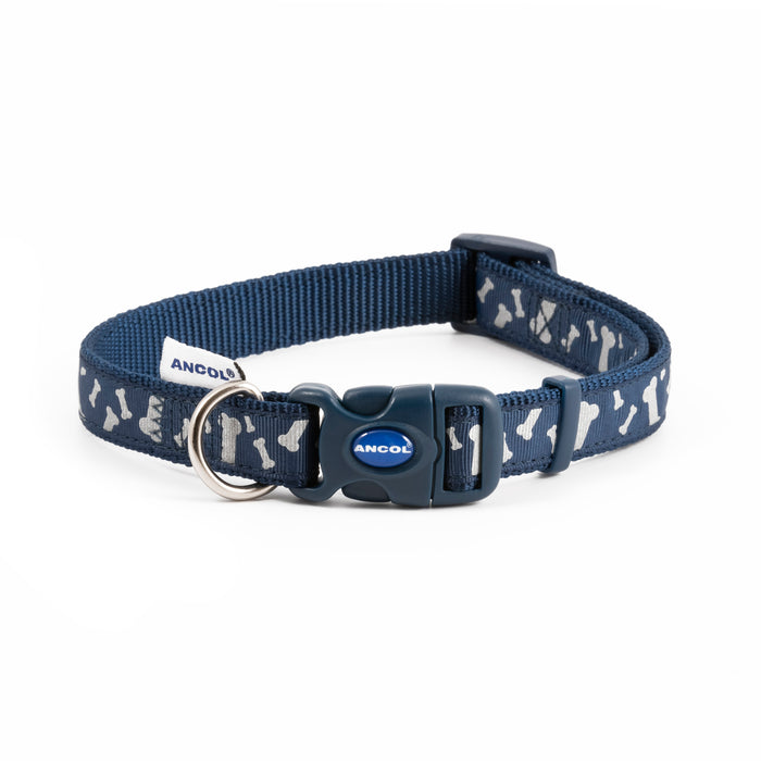 Ancol Paw and Bone Adjustable Reflective Blue Dog Collar - Various Sizes