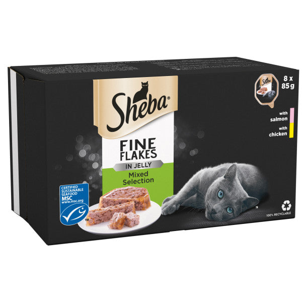 Sheba Tray Fine Flakes Salmon & Chicken Chunks in Jelly 4x 8x85g - APRIL SPECIAL OFFER - 19% OFF