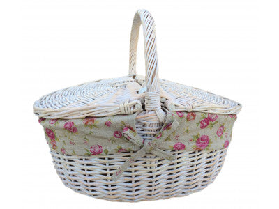 WHITE WASH FINISH OVAL PICNIC WITH GARDEN ROSE LINING