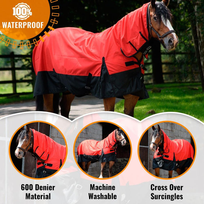 600D Lightweight Turnout Horse Rug Waterproof Combo Full Neck Red/Black 5'3 -6'9