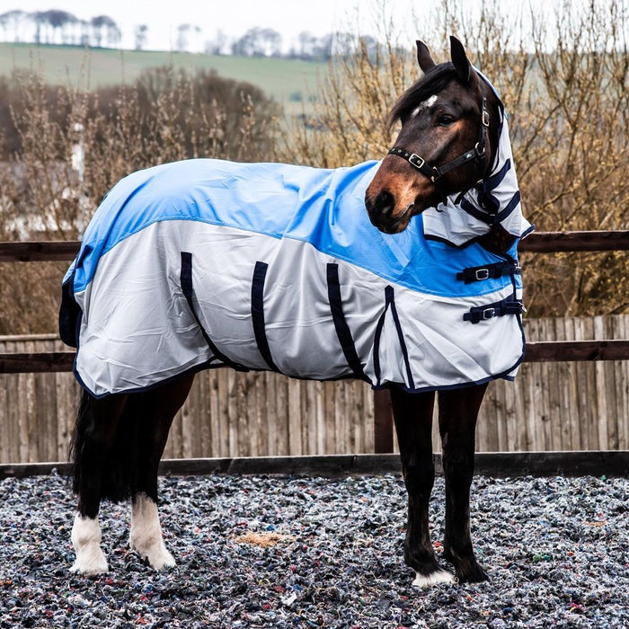600D 2 in 1 Waterproof Fly Turnout Mesh Horse Rug Fixed Neck Blue/Grey 5'6-6'9