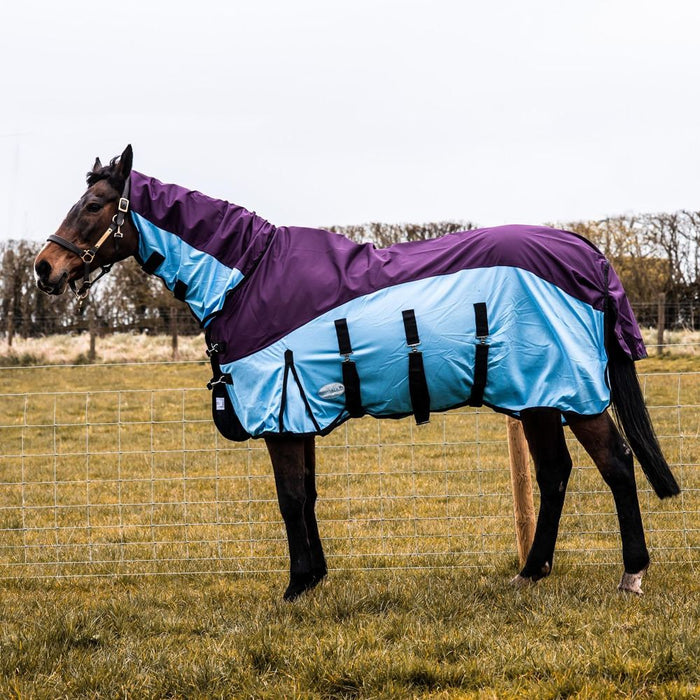 600D 2 in 1 Waterproof Fly Turnout Mesh Horse Rug Fixed Neck Burgundy/Blue 5'6-6'9
