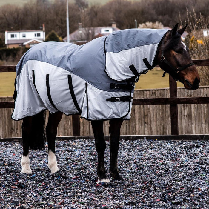 600D 2 in 1 Waterproof Fly Turnout Mesh Horse Rug Fixed Neck Grey/Silver 5'6-6'9