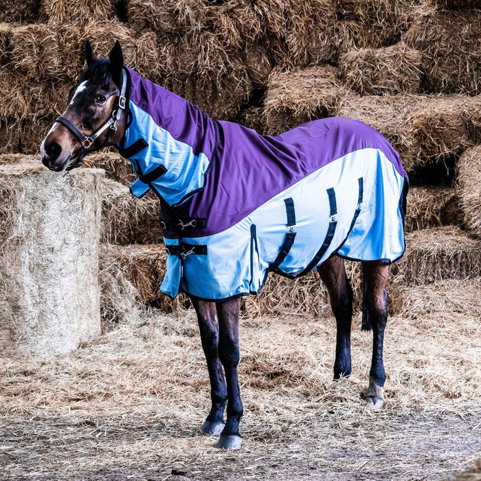 600D 2 in 1 Waterproof Fly Turnout Mesh Horse Rug Fixed Neck Burgundy/Blue 5'6-6'9
