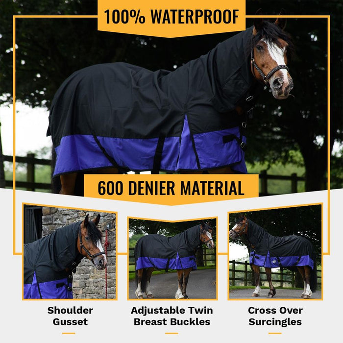 600D Outdoor Winter Turnout Horse Rugs 50G Fill COMBO Full Neck Black/Purple 5'3-6'9
