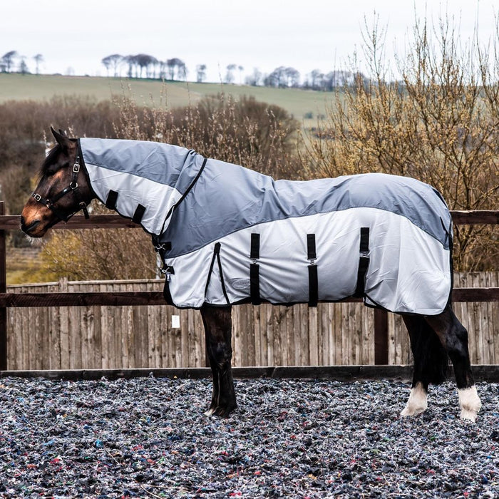 600D 2 in 1 Waterproof Fly Turnout Mesh Horse Rug Fixed Neck Grey/Silver 5'6-6'9
