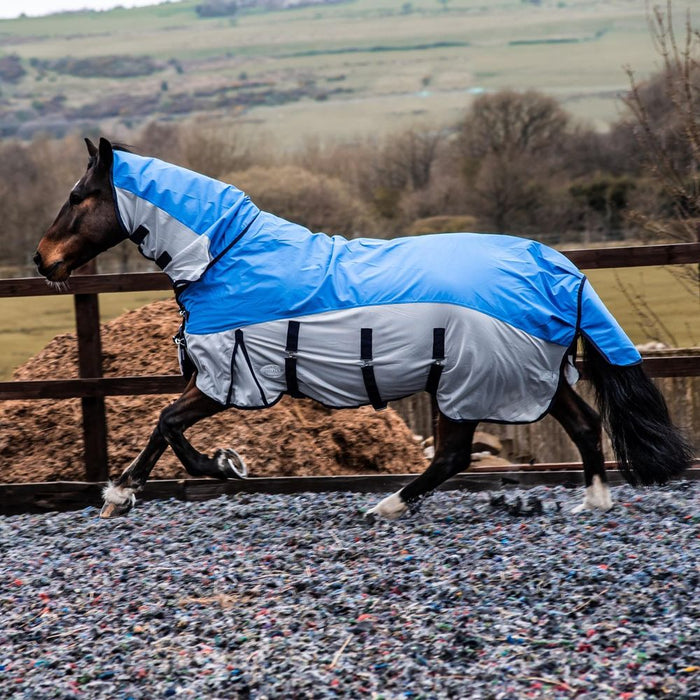 600D 2 in 1 Waterproof Fly Turnout Mesh Horse Rug Fixed Neck Blue/Grey 5'6-6'9
