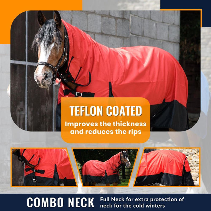 600D Lightweight Turnout Horse Rug Waterproof Combo Full Neck Red/Black 5'3 -6'9